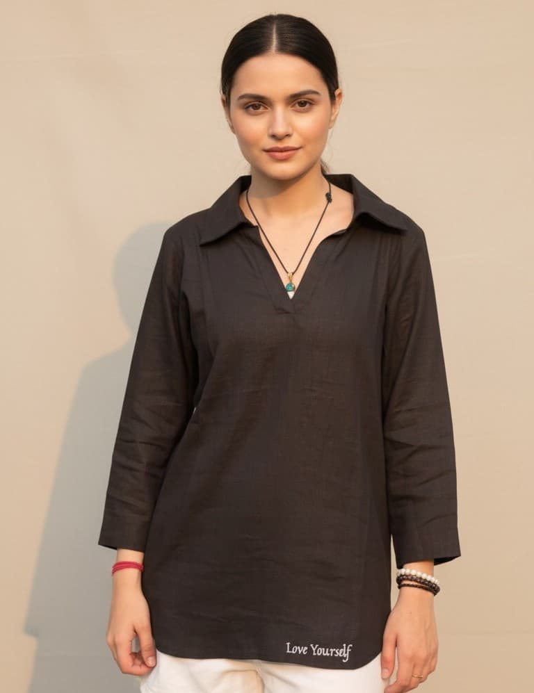 Black Linen V-Neck Collar Shirt