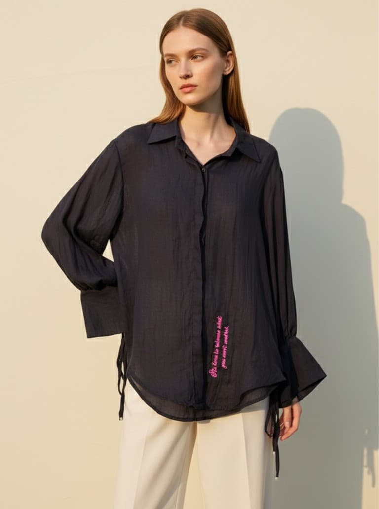 Navy Blue Muslin-Linen Knot Cuff Shirt (It's Time to Release)